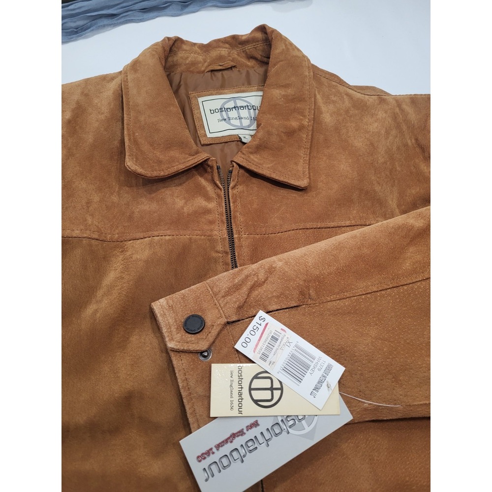 VTG New Boston Harbour XL Suede Bomber Jacket Outdoor Wear Tan Leather Mens‎